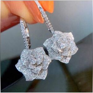 ✨NEW Rhinestone Crystal Faux Diamond Dangle Elegant Silver Floral Rose Earrings